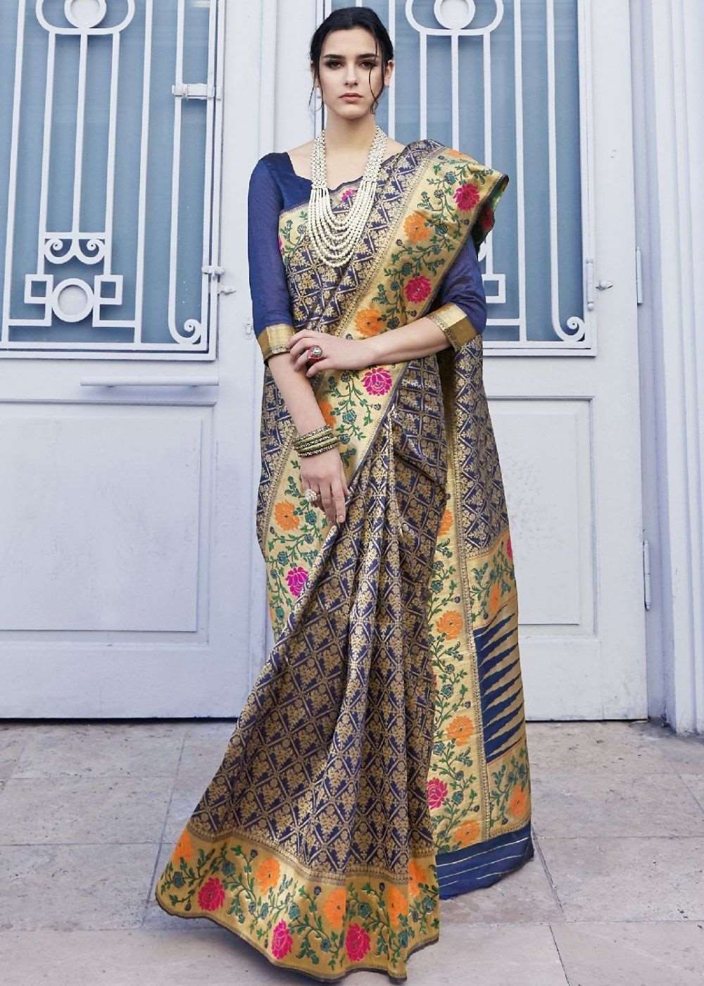 Azure Blue and Golden Blend Silk Saree with Floral Woven Border and Pallu - Colorful Saree