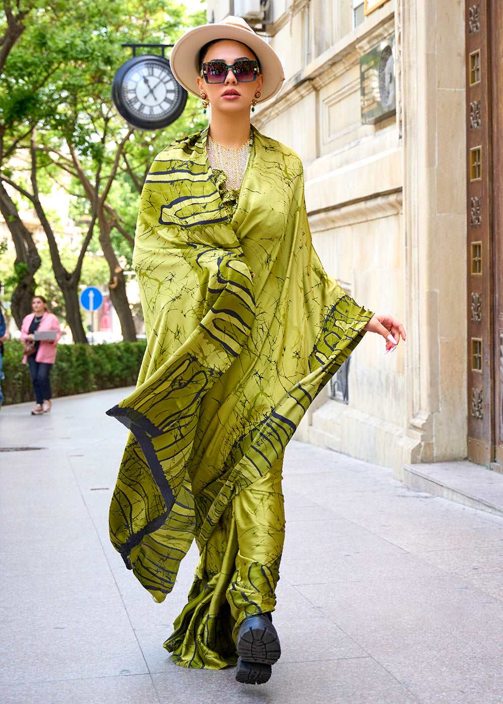 Avocado Green Designer Satin Crepe Printed Saree - Colorful Saree