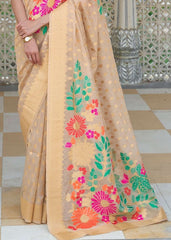 Beige Brown Floral Embroidered Linen Silk Saree - Colorful Saree