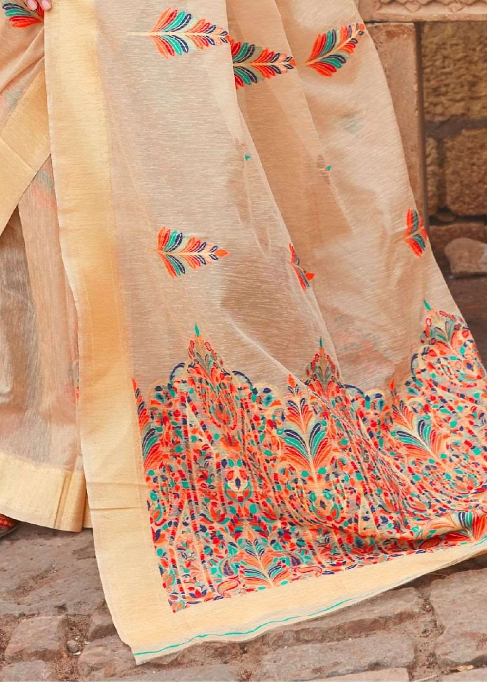 Beige Linen Silk Saree with Colorful Weaving work - Colorful Saree