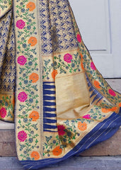 Azure Blue and Golden Blend Silk Saree with Floral Woven Border and Pallu - Colorful Saree