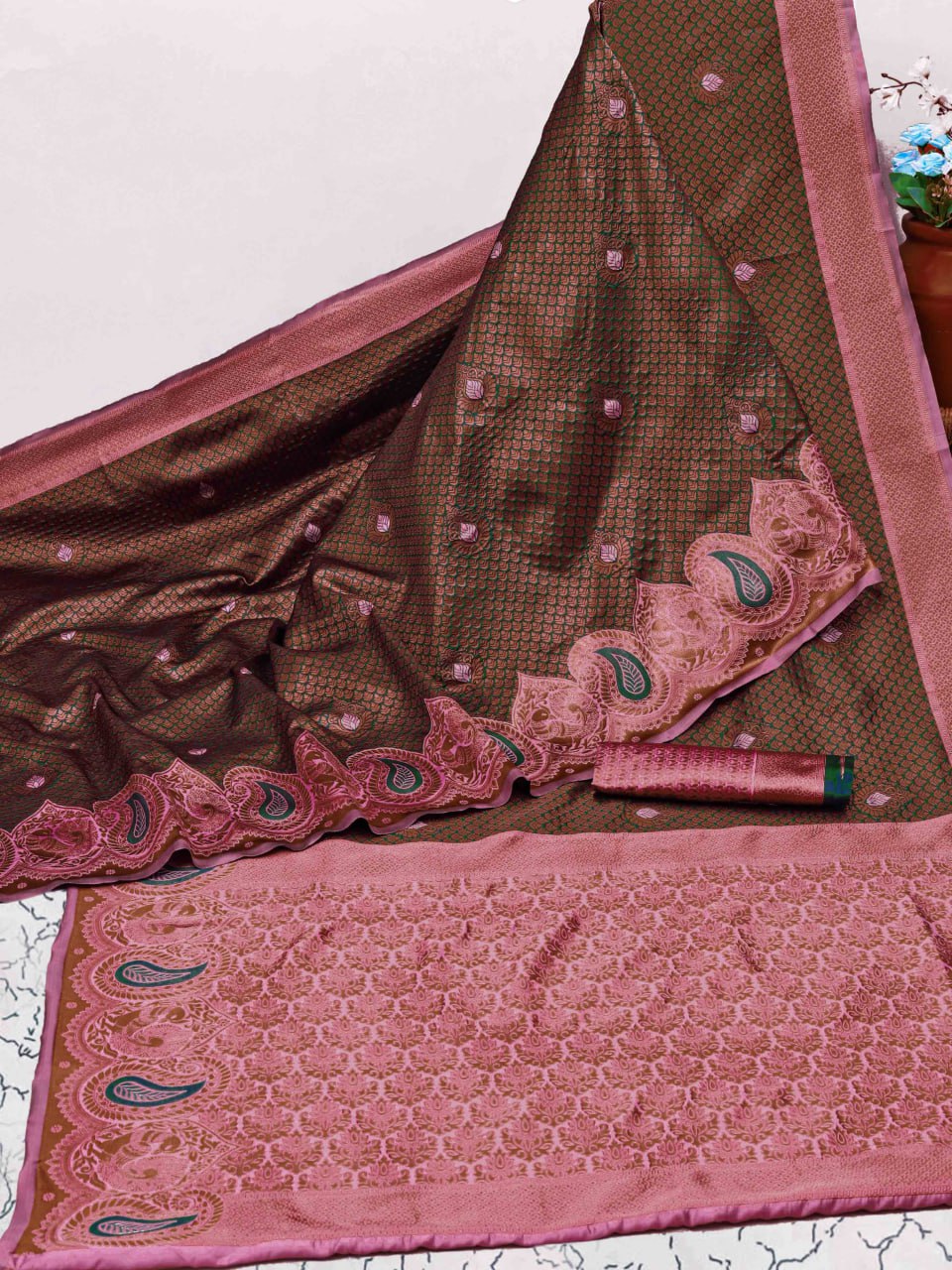 Banarasi Soft Silk Dark Green Saree with Copper Zari Weaving Colorful Saree