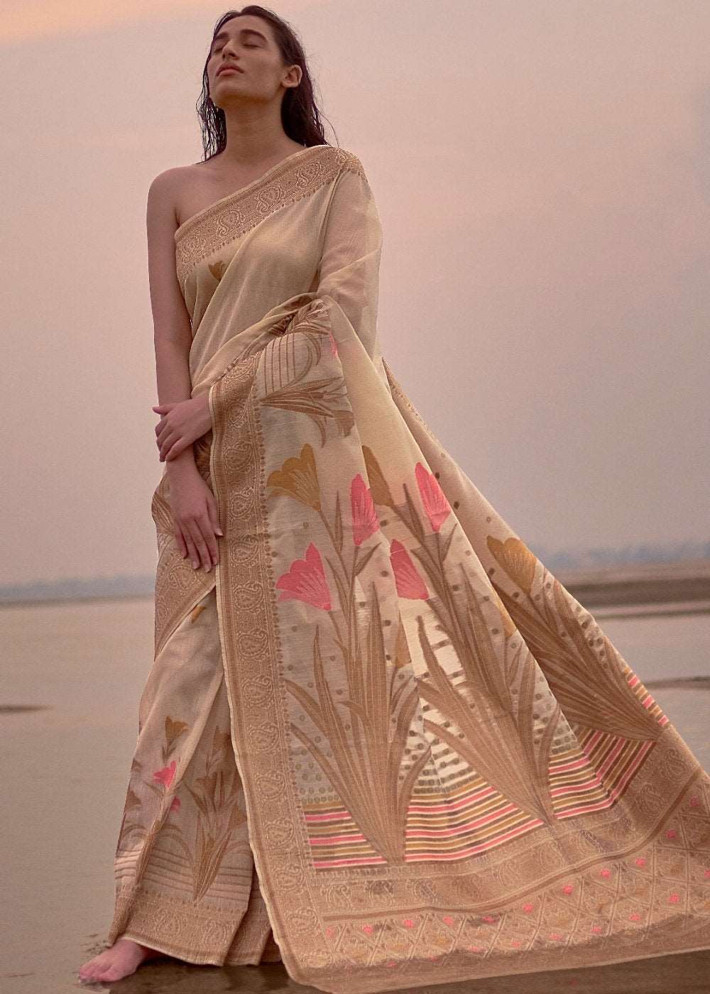 Beige Woven Linen Silk Saree with Floral Motif on Pallu and Border - Colorful Saree