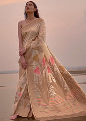 Beige Woven Linen Silk Saree with Floral Motif on Pallu and Border - Colorful Saree