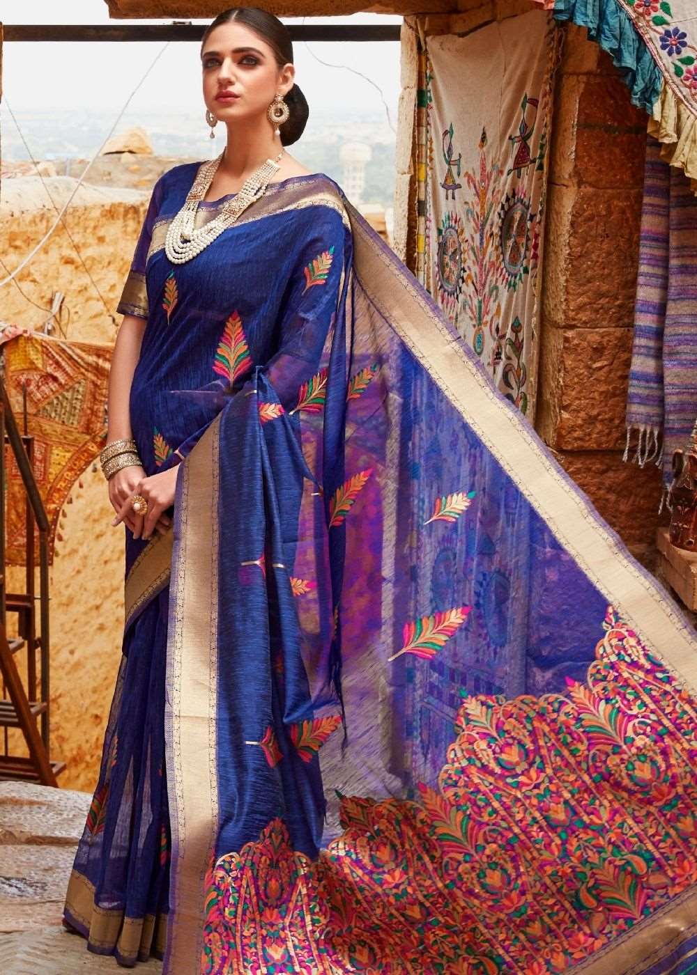 Berry Blue Linen Silk Saree with Colorful Weaving work - Colorful Saree