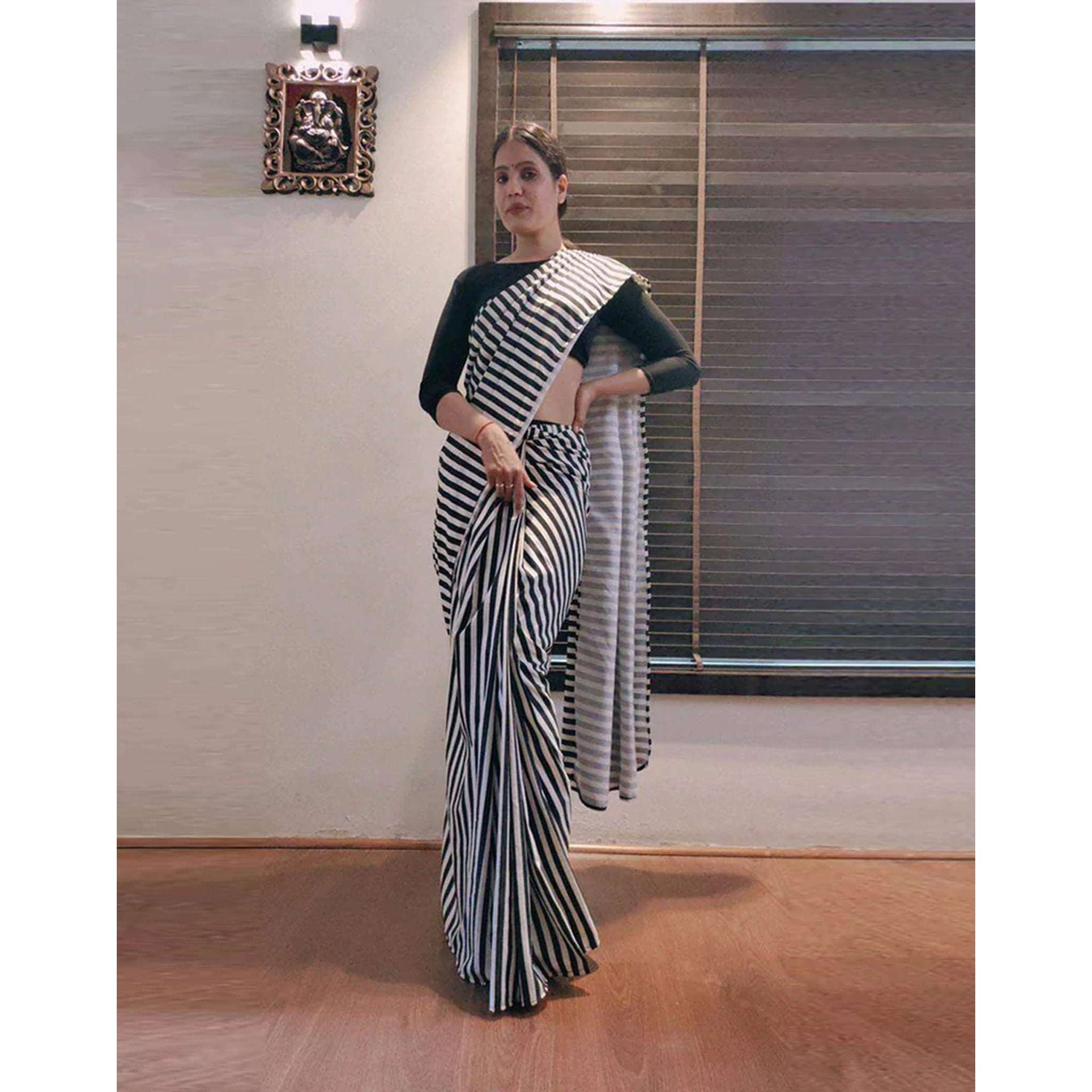 Black and White striped Ready to wear Georgette Saree - Colorful Saree