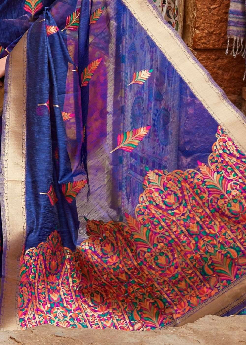 Berry Blue Linen Silk Saree with Colorful Weaving work - Colorful Saree