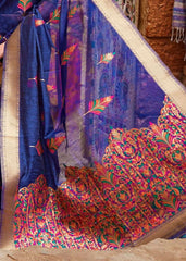 Berry Blue Linen Silk Saree with Colorful Weaving work - Colorful Saree