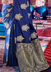 Berry Blue Satin Silk Saree with overall Golden Butti - Colorful Saree