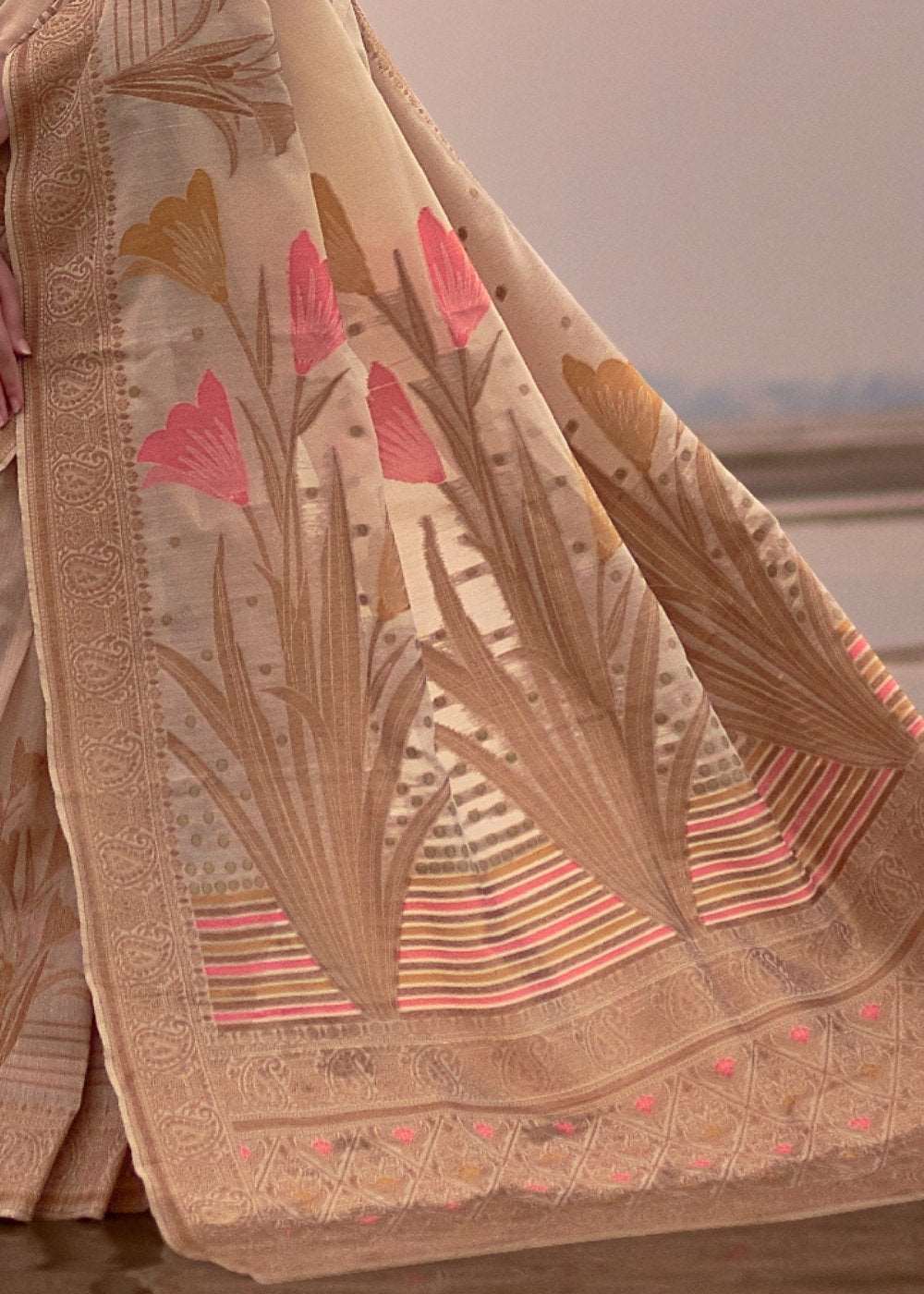 Beige Woven Linen Silk Saree with Floral Motif on Pallu and Border - Colorful Saree