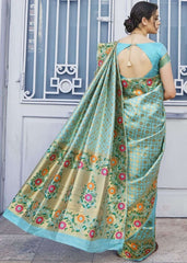 Arctic Blue and Golden Blend Silk Saree with Floral Woven Border and Pallu - Colorful Saree