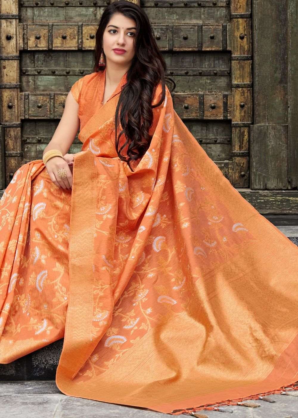 Apricot Orange Banarasi Silk Floral Motif Saree with Golden Border and Pallu - Colorful Saree