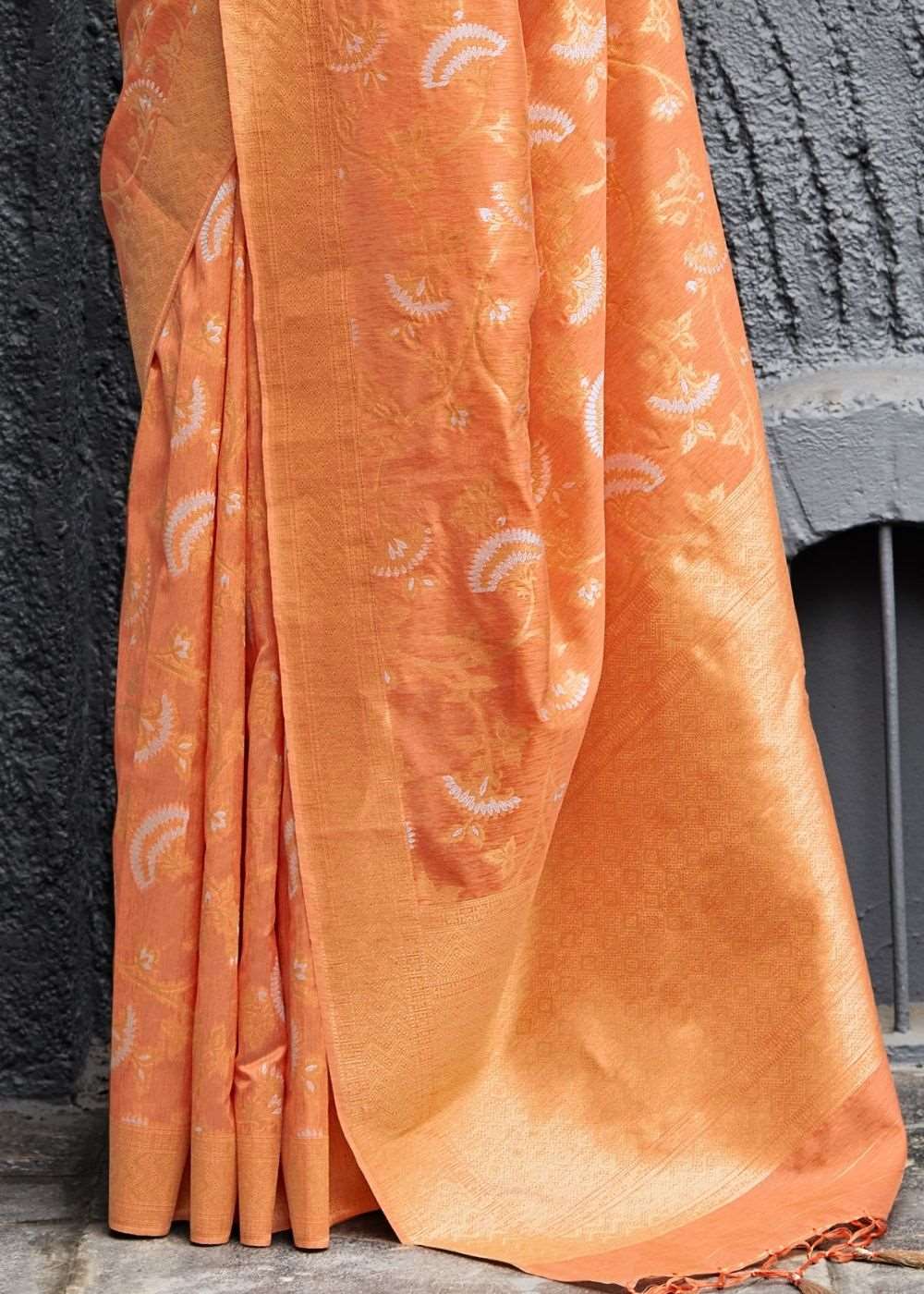Apricot Orange Banarasi Silk Floral Motif Saree with Golden Border and Pallu - Colorful Saree