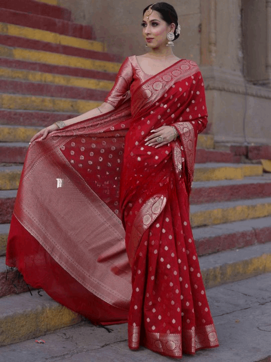 Beleaguer Red Soft Silk Saree With Assemblage Blouse Piece - Colorful Saree