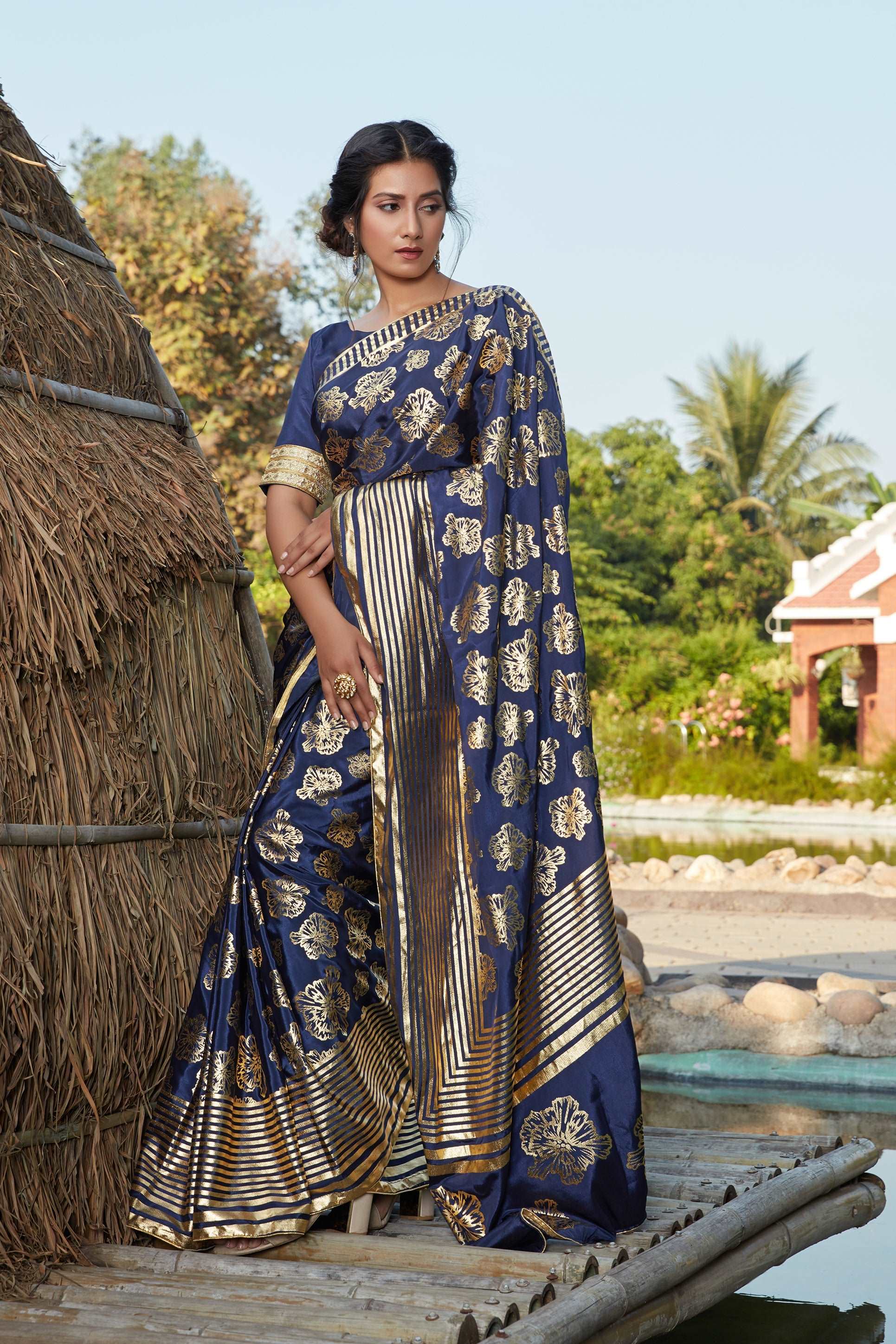 Agreeable Navy Blue Woven Banarasi Silk Party Wear Saree - Colorful Saree