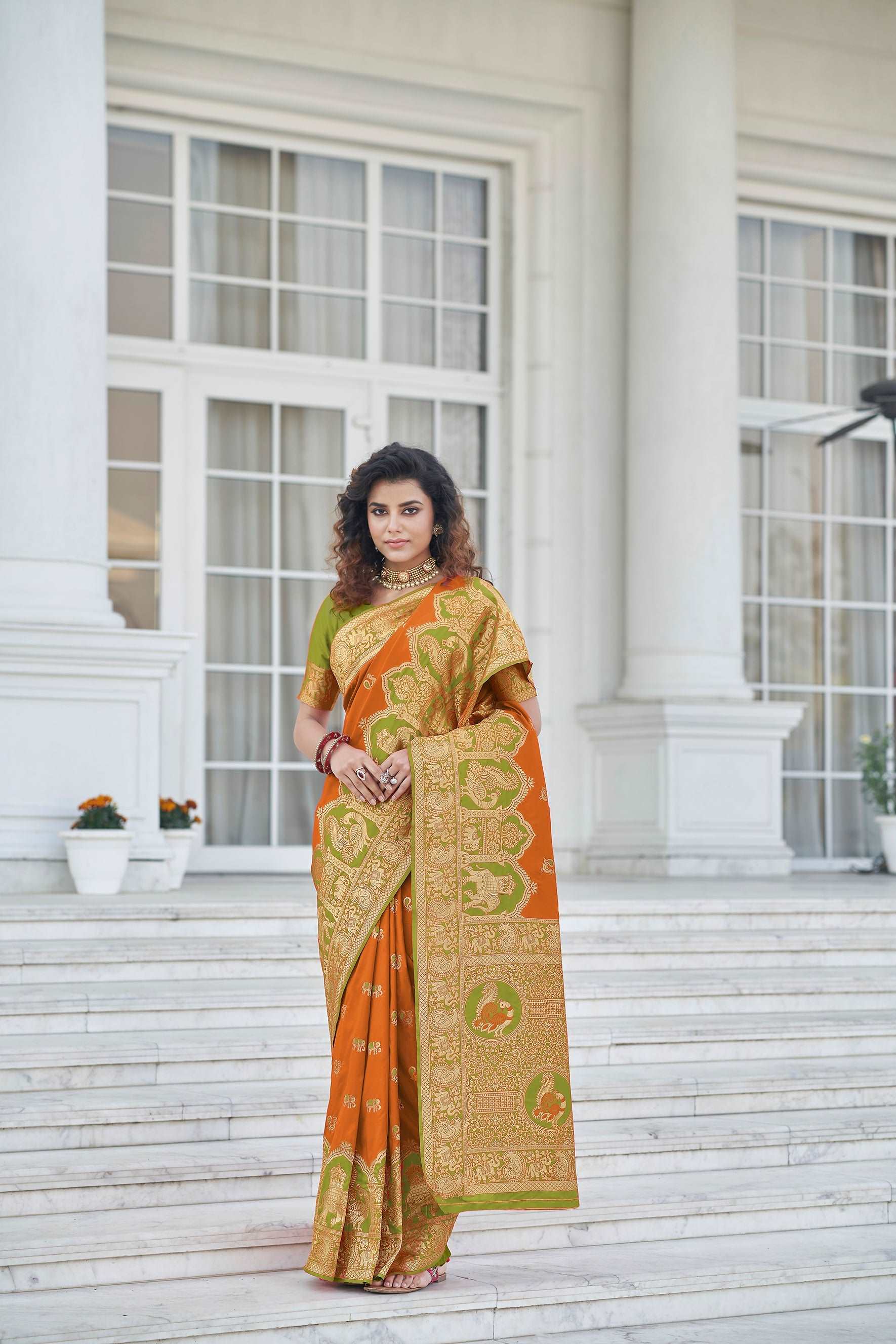 Amazing Orange Zari Weaving Banarasi Silk Wedding Wear Saree - Colorful Saree