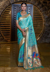 Aqua Blue Saree in Banarasi Paithani Silk Woven - Colorful Saree