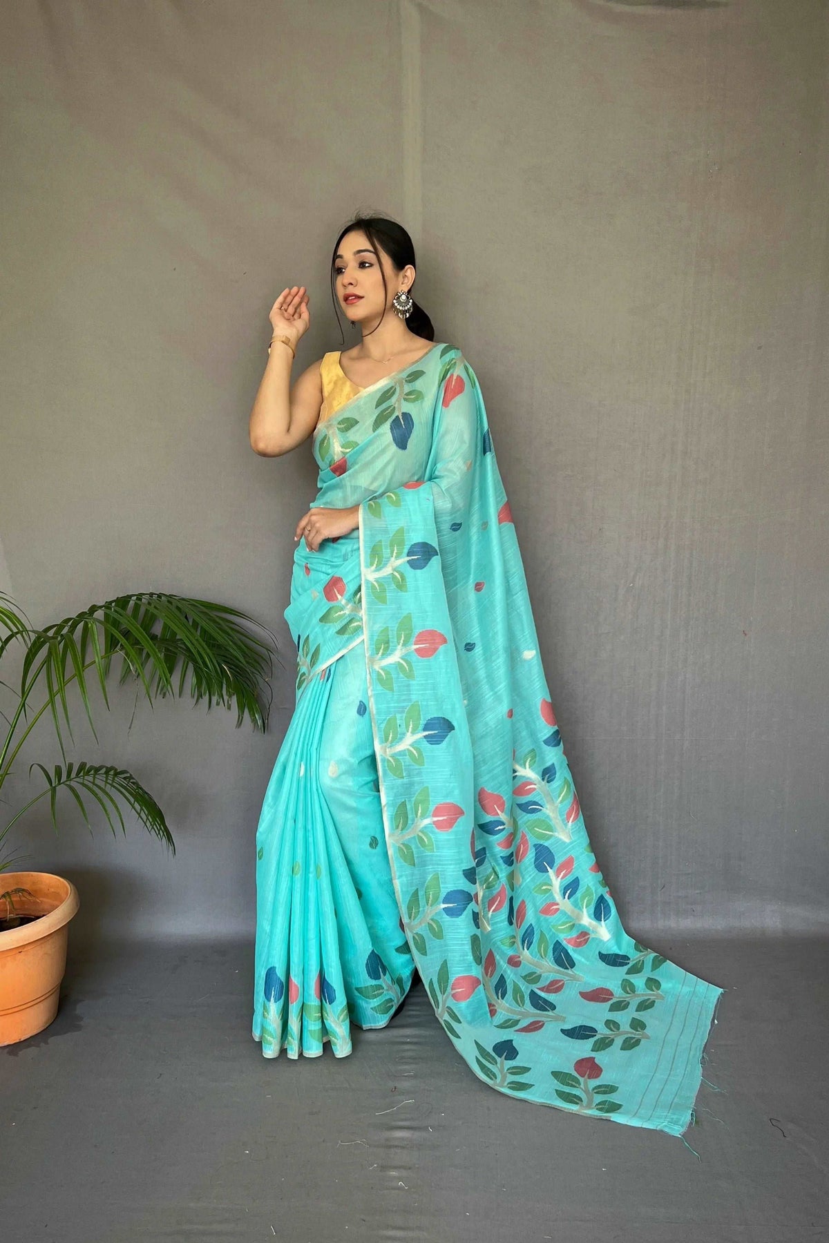 Aqua Blue Saree in Cotton Jamdani Woven - Colorful Saree