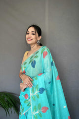 Aqua Blue Saree in Cotton Jamdani Woven - Colorful Saree