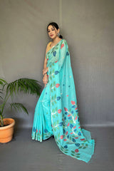 Aqua Blue Saree in Cotton Jamdani Woven - Colorful Saree