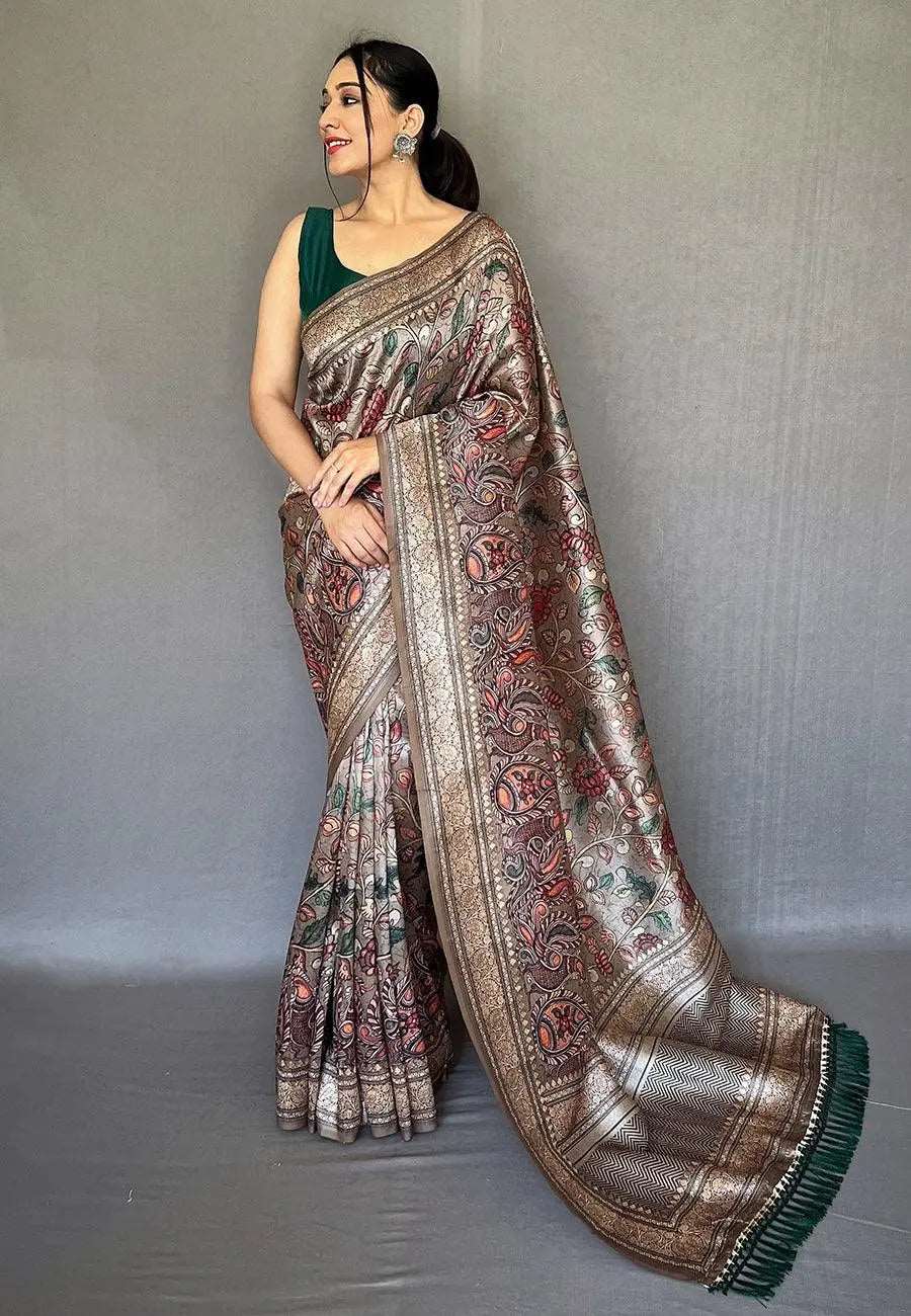 Ash Grey Saree in Soft Silk with Printed Kalamkari - Colorful Saree