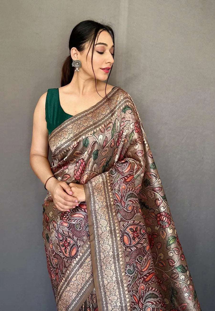 Ash Grey Saree in Soft Silk with Printed Kalamkari - Colorful Saree