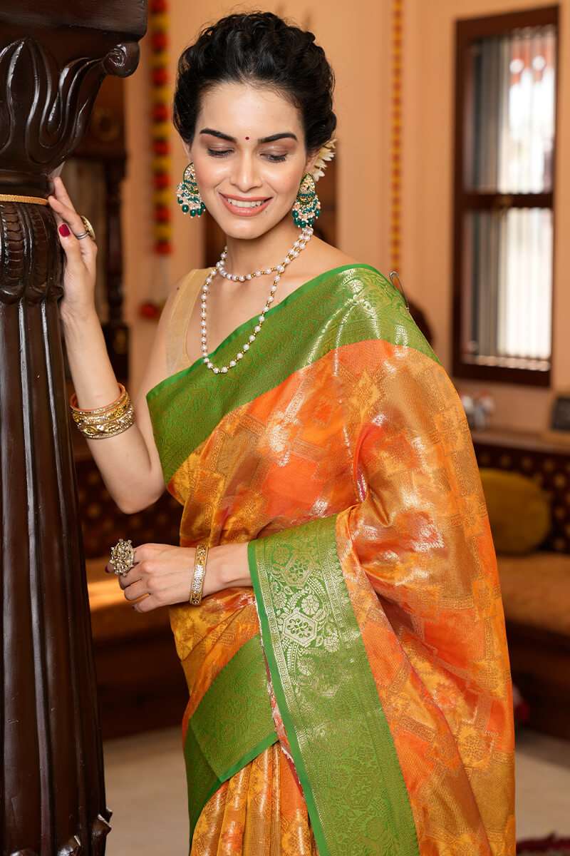 Adorning Orange Organza Silk Saree With Outstanding Blouse Piece - Colorful Saree