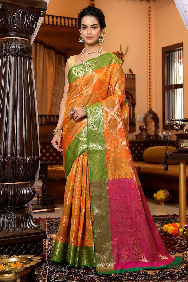 Adorning Orange Organza Silk Saree With Outstanding Blouse Piece - Colorful Saree