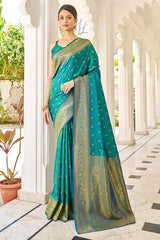 Bewitching Rama Kanjivaram Silk Saree With Majesty Blouse Piece - Colorful Saree