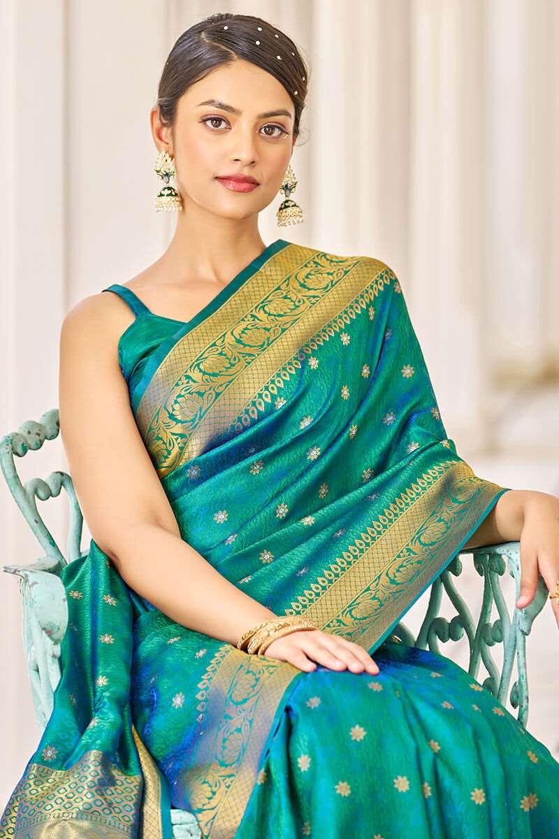 Bewitching Rama Kanjivaram Silk Saree With Majesty Blouse Piece - Colorful Saree