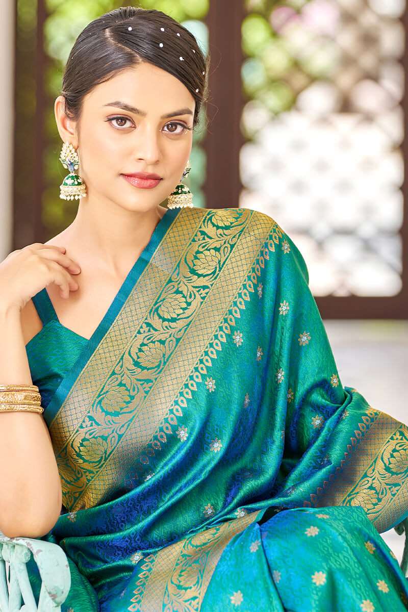 Bewitching Rama Kanjivaram Silk Saree With Majesty Blouse Piece - Colorful Saree