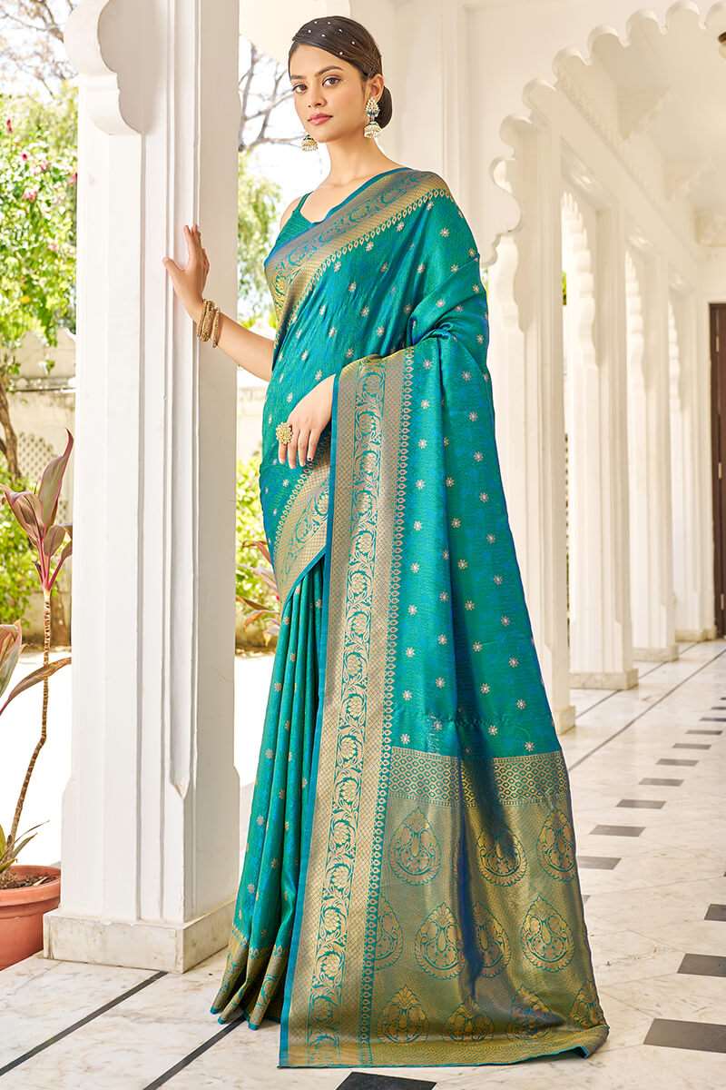 Bewitching Rama Kanjivaram Silk Saree With Majesty Blouse Piece - Colorful Saree