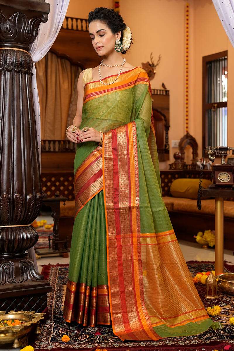 Assemblage Green Soft Silk Saree With Brood Blouse Piece - Colorful Saree