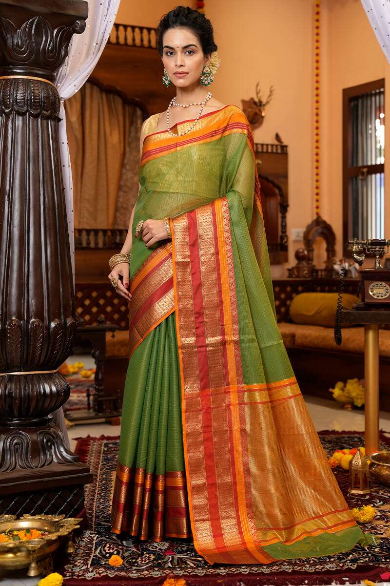 Assemblage Green Soft Silk Saree With Brood Blouse Piece - Colorful Saree