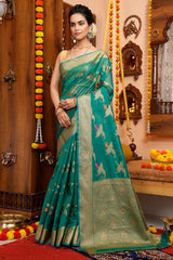 Appealing Rama Organza Silk Saree With Evanescent Blouse Piece - Colorful Saree