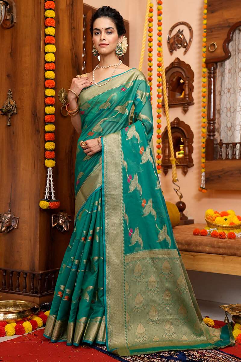 Appealing Rama Organza Silk Saree With Evanescent Blouse Piece - Colorful Saree