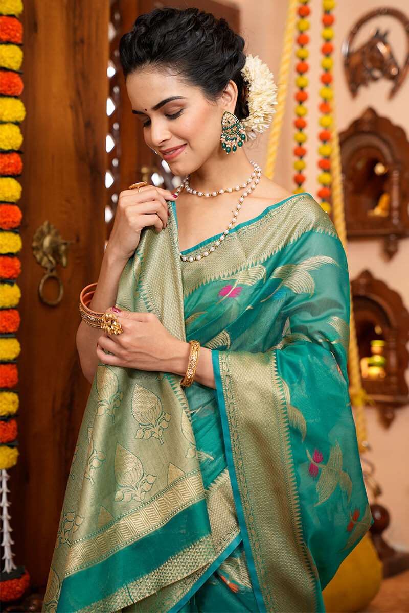 Appealing Rama Organza Silk Saree With Evanescent Blouse Piece - Colorful Saree