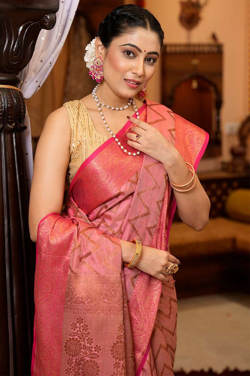 Beauteous Pink Soft Banarasi Silk Saree With Divine Blouse Piece - Colorful Saree