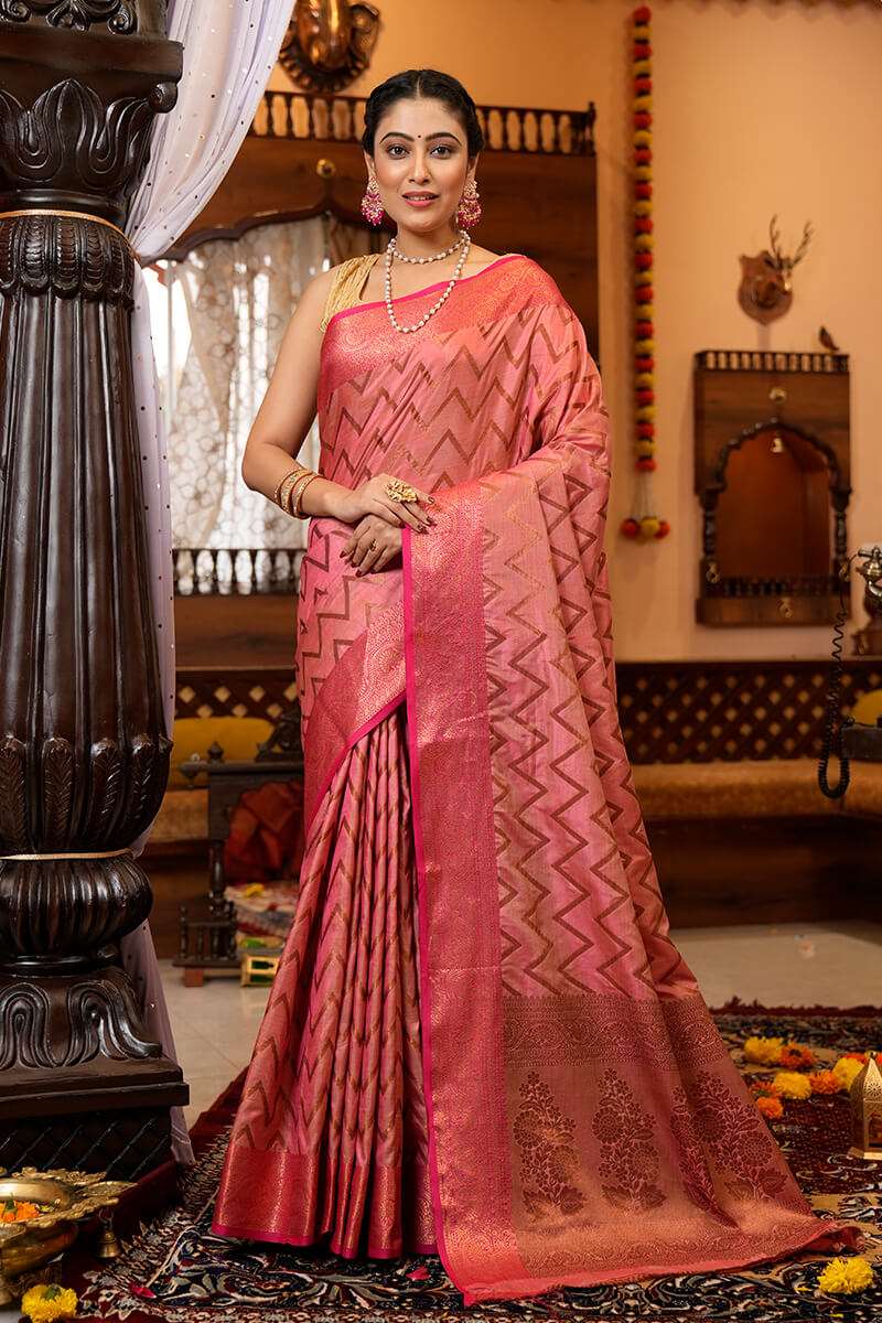 Beauteous Pink Soft Banarasi Silk Saree With Divine Blouse Piece - Colorful Saree