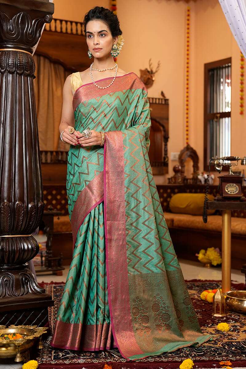 Assemblage Sea Green Soft Banarasi Silk Saree With Jazzy Blouse Piece - Colorful Saree