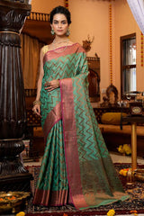 Assemblage Sea Green Soft Banarasi Silk Saree With Jazzy Blouse Piece - Colorful Saree