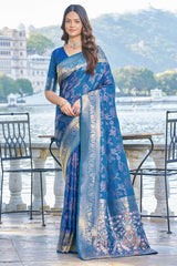 Beautiful Blue Kanjivaram Silk Saree With Entrancing Blouse Piece - Colorful Saree