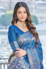 Beautiful Blue Kanjivaram Silk Saree With Entrancing Blouse Piece - Colorful Saree