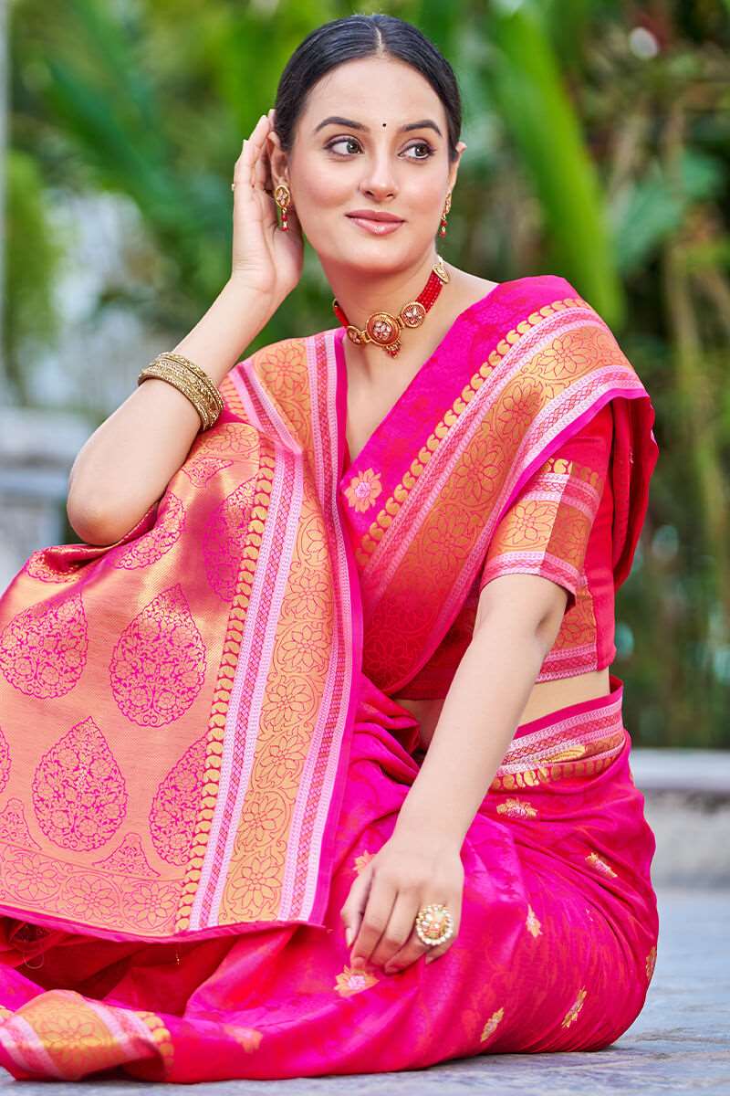 Appealing Dark Pink Kanjivaram Silk Saree With Ideal Blouse Piece - Colorful Saree