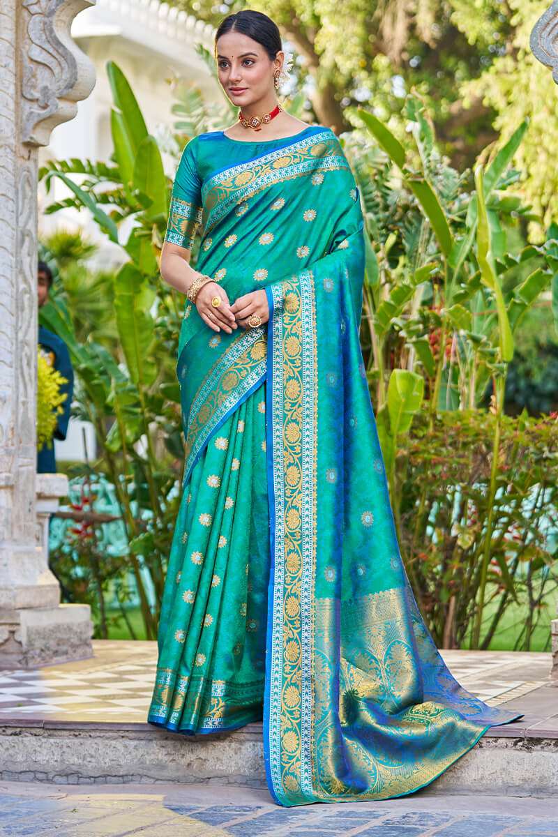 Arresting Rama Kanjivaram Silk Saree With Palimpsest Blouse Piece - Colorful Saree