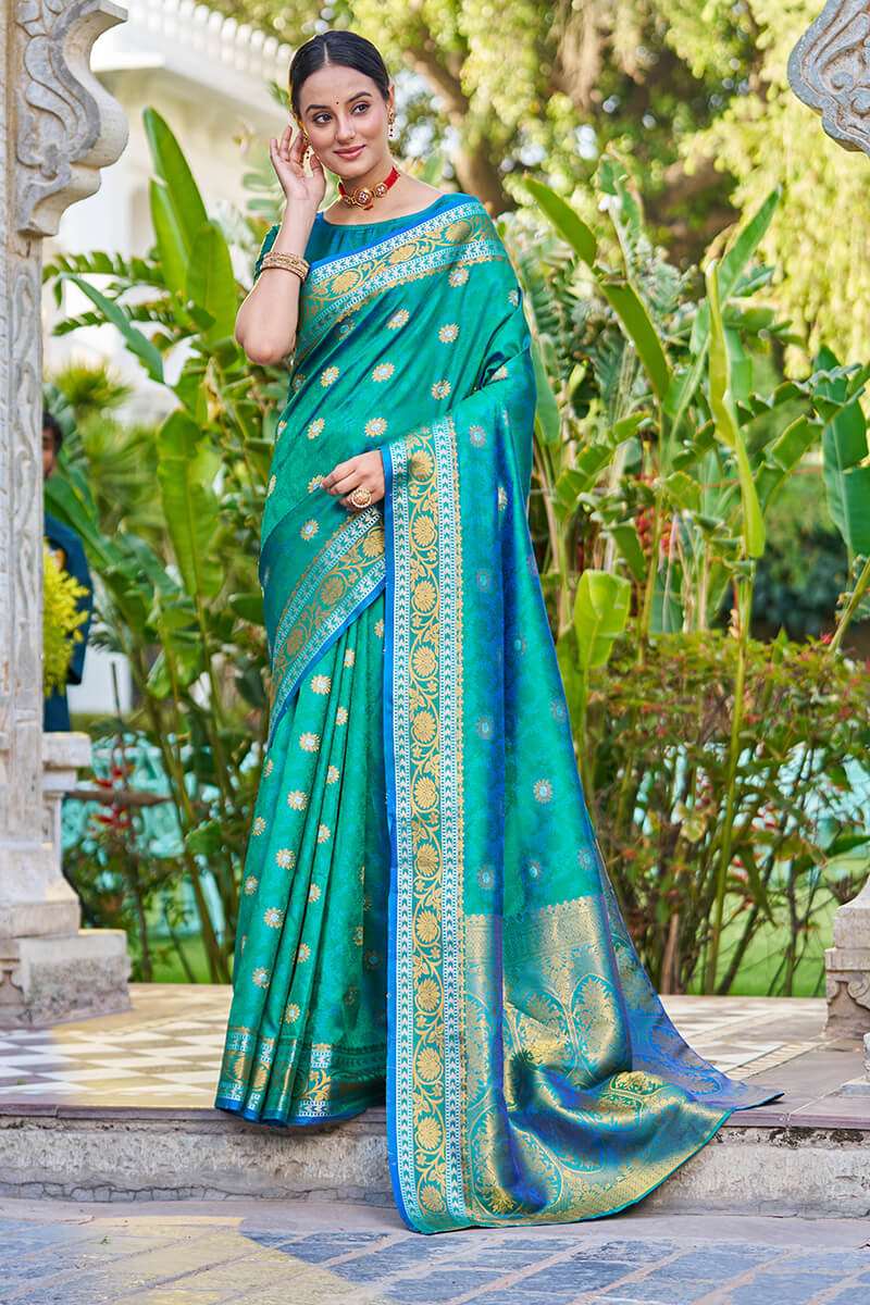 Arresting Rama Kanjivaram Silk Saree With Palimpsest Blouse Piece - Colorful Saree