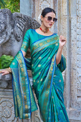 Arresting Rama Kanjivaram Silk Saree With Palimpsest Blouse Piece - Colorful Saree