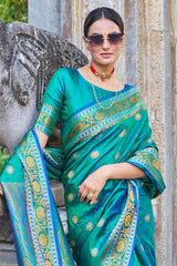 Arresting Rama Kanjivaram Silk Saree With Palimpsest Blouse Piece - Colorful Saree