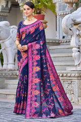 Adorable Navy Blue Pashmina saree With Extraordinary Blouse Piece - Colorful Saree