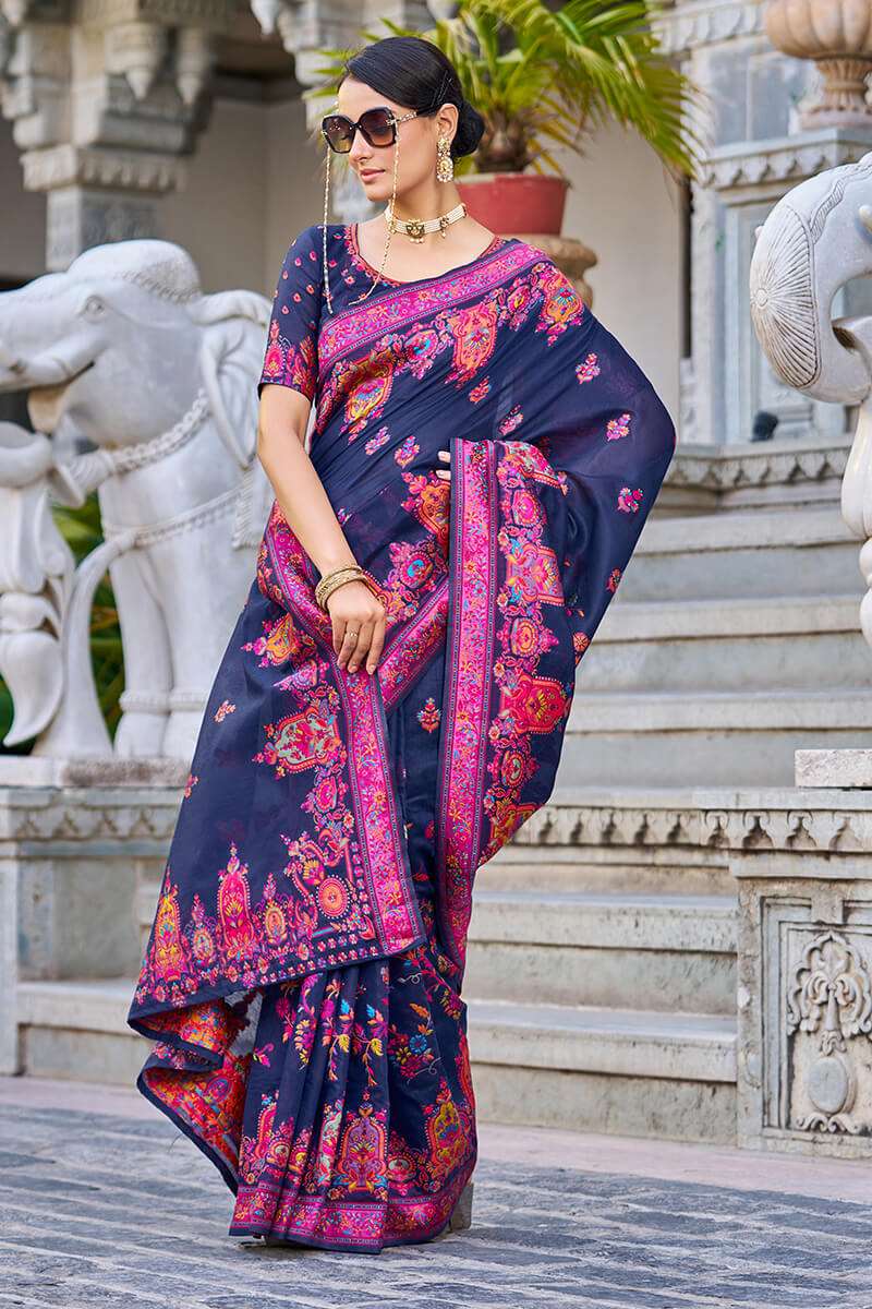 Adorable Navy Blue Pashmina saree With Extraordinary Blouse Piece - Colorful Saree